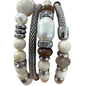 Stackable Bracelet Set Of 4 Silver Tone & Pearl Beaded Stretch Jewelry Elegant D